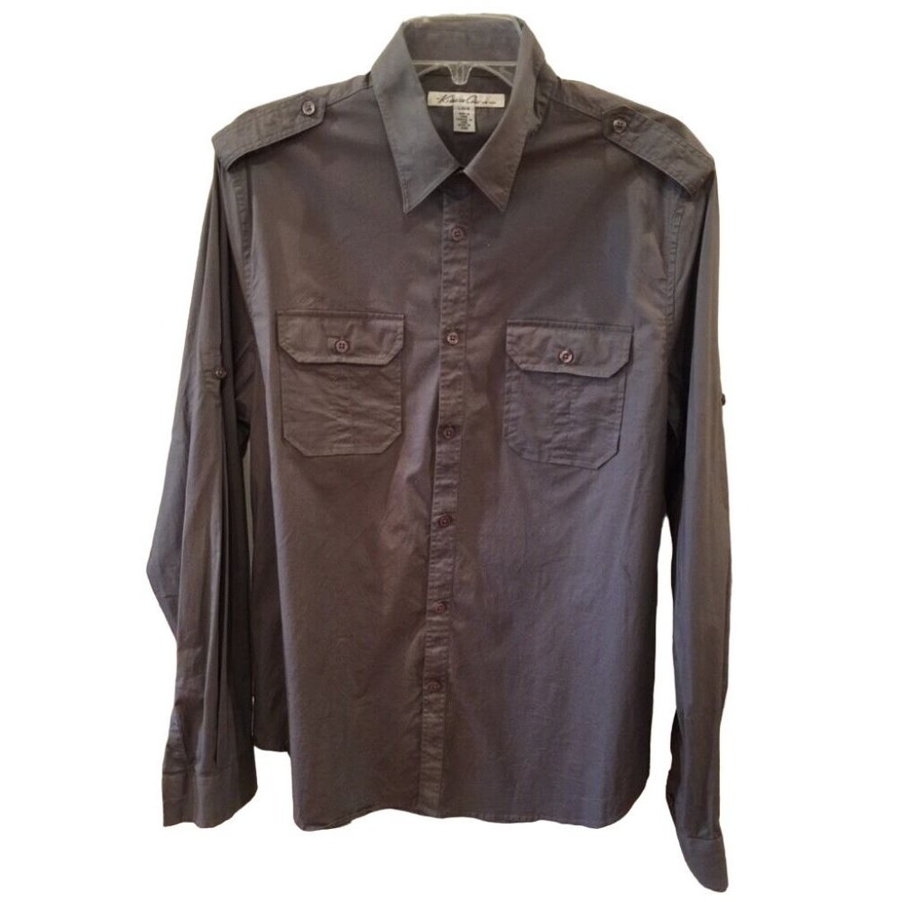 Large Kenneth Cole Men's Gray Casual Button Up Shirt Front Pockets